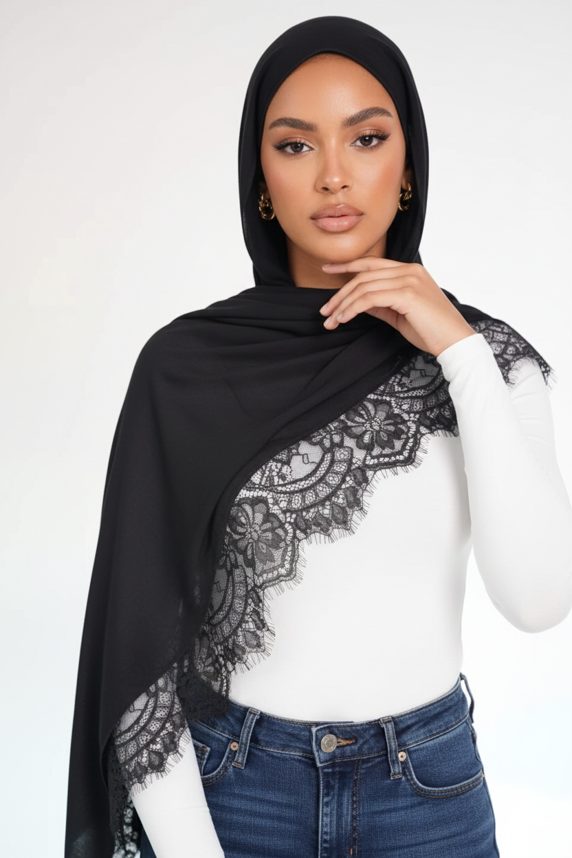 Modal hijab-sjaal met kantafwerking